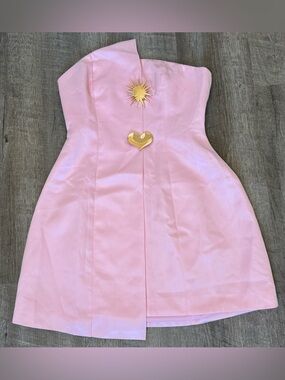 Commense Satin Asymmetrical Embellished Strapless Dress with Gold Accent, S